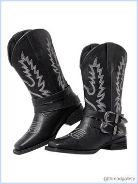 Wide Calf Cowboy Boots Women Square Toe Pull Tab PU Leather Western Boot